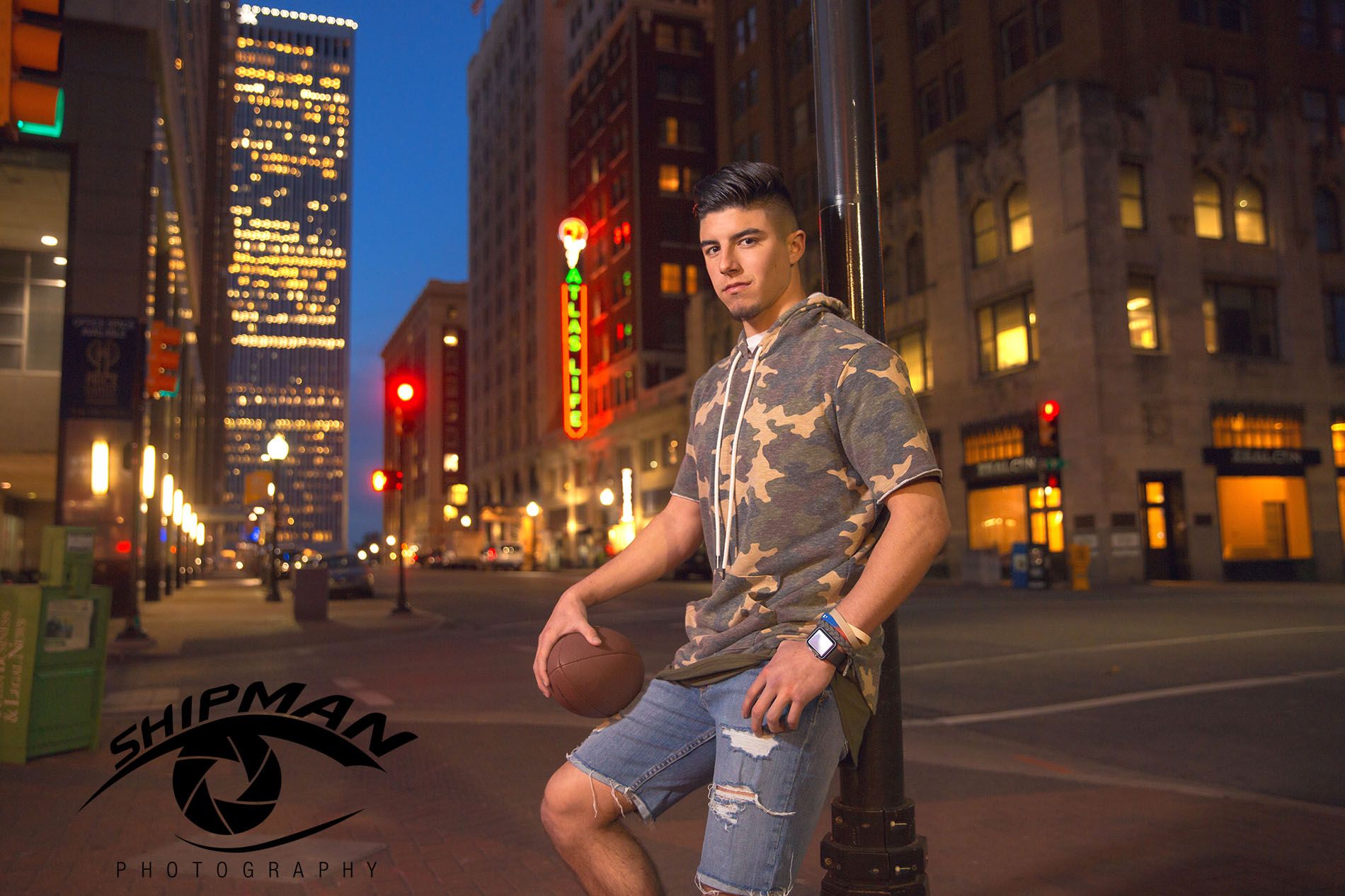 senior portrait football player downtown Tulsa