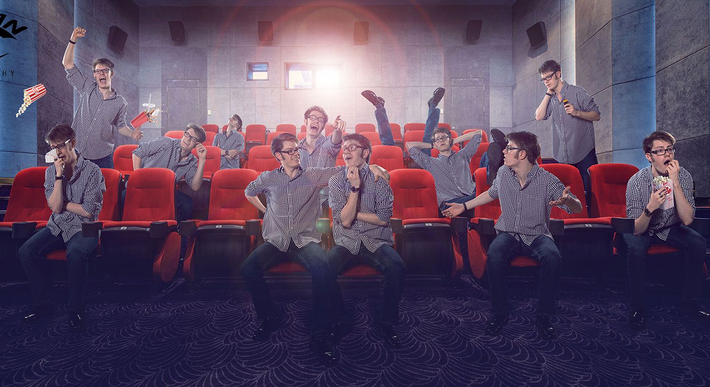 a boy in a movie theater composite senior portrait