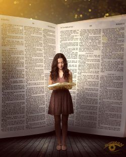 Young woman standing in front of a bible for senior portrait