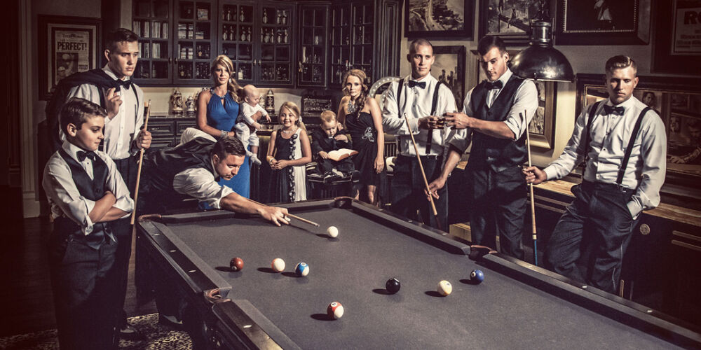 Family playing pool in vintage aesthetic.