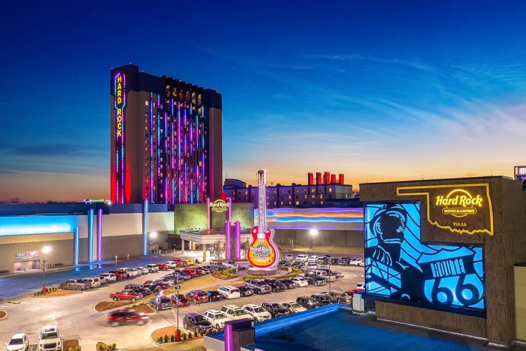 drone shot of hard rock tulsa at sunset, commercial photography