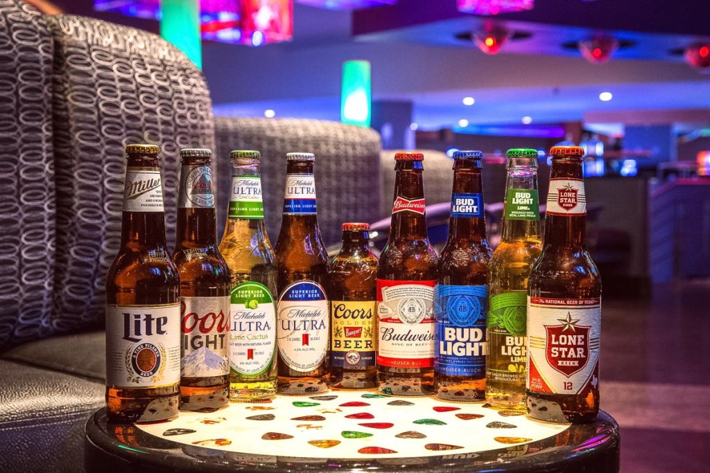 Assorted beers on table at Hard Rock beverage photography tulsa