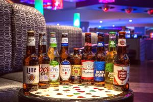 Assorted beers on table at Hard Rock beverage photography tulsa