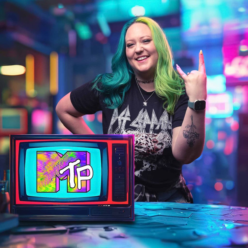 Young woman with green hair and def leppard shirt standing behind TV in a colorful bar, smiling and doing rock sign with fingers. advertising photography the party tulsa