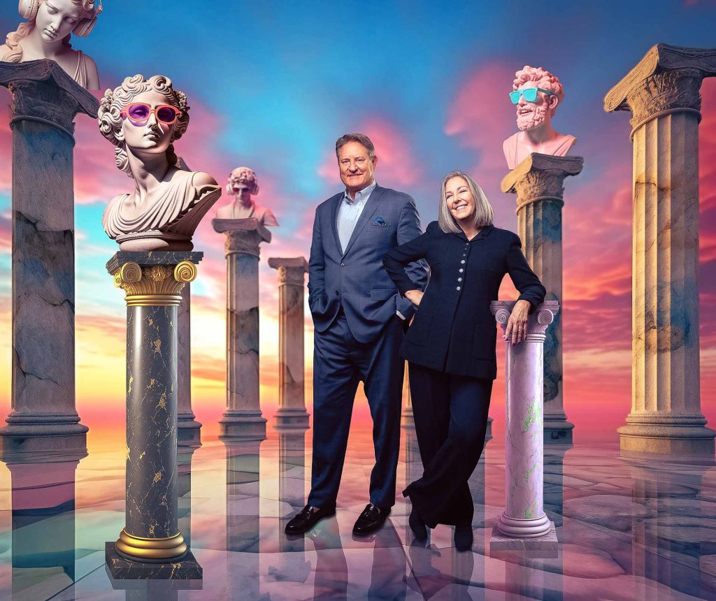 couple standing in surreal platform full of statues with sunglasses. commercial branding professional photography tulsa