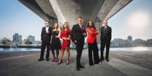 Realtor group standing by the river with downtown in the background Tulsa commercial team photo