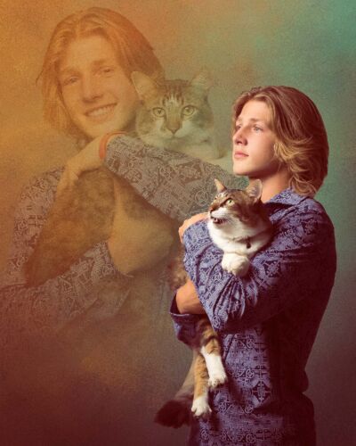 a boy and his cat doing a funny portrait studio homage in their studio portrait.