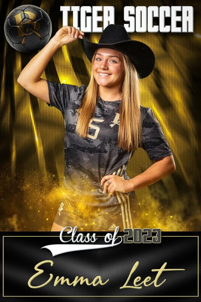 cool senior banner with soccer player girl wearing cowboy hat