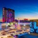 drone shot of hard rock tulsa at sunset, commercial photography