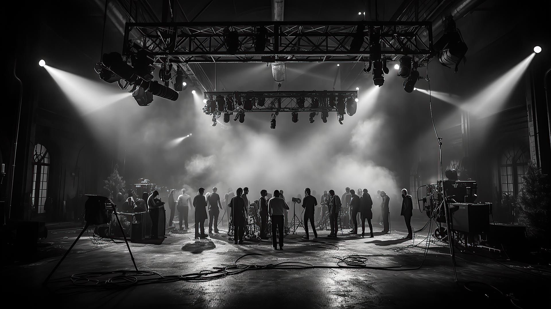 Behind the scene of film production in the studio. Movie making film crew ready to shoot on a soundstage. Black and white from a distance, tulsa video production