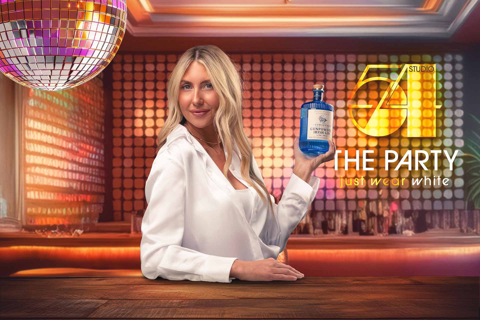 commercial advertising marketing tulsa311 beautiful blonde bartender holding a bottle of Gin in a 70's themed bar - commercial photography tulsa