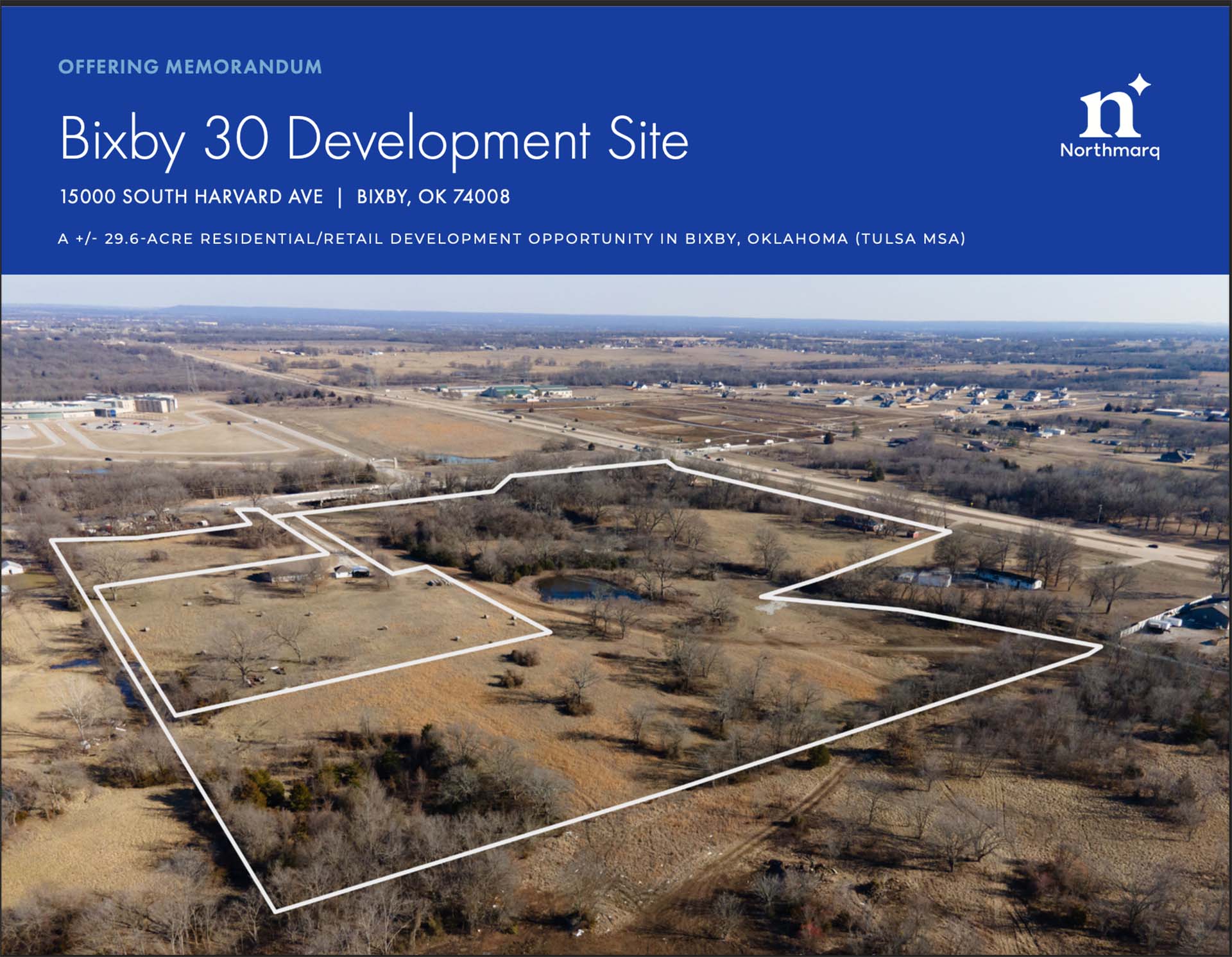 Screenshot Tulsa drone photography of a commercial property in Bixby at 151st and Harvard, showing property lines and nearby developments